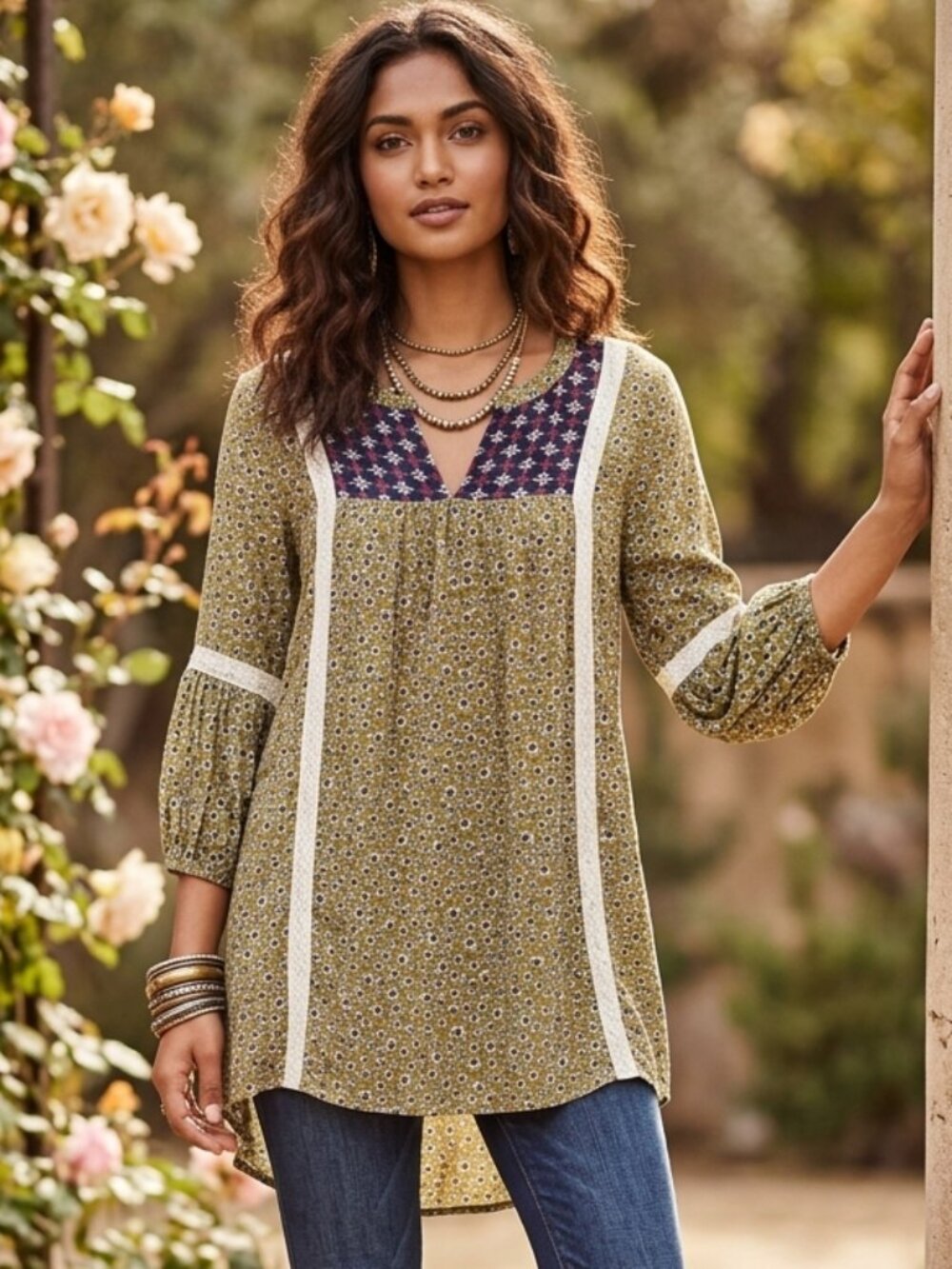 UMGEE Women's 3/4 Sleeve Hi-Lo V-Neck Tunic Blouse